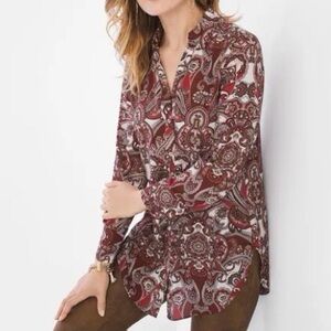 Chicos Paisley Super Pleat Tunic Button Up Blouse 2 Large 12